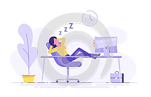 Woman fell asleep at the table in the office. Work overtime. Modern vector illustration