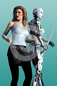 Woman with Female Cyborg holding a Katana Sword