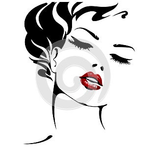 Woman. Female face with red lips. Vector portrait isolated on white background