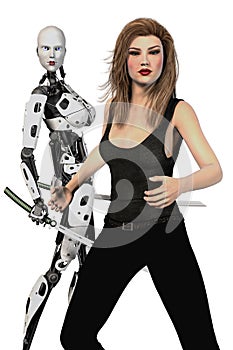 Woman and Female Robot with Katana Swords Isolated