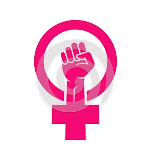 Woman feminist power fist female logo icon. Woman hand sign vector icon. Women fight protest symbol resist.