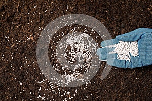 Woman fertilizing soil. Gardening season