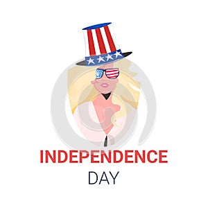 Woman in festive hat with usa flag celebrating 4th of july american independence day celebration concept