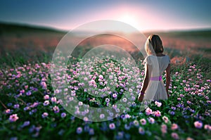 Woman in field of flowers at sunset