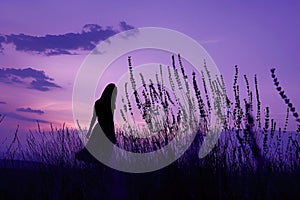 A woman in a field of tall grass at dusk with a purple sky and violet clouds