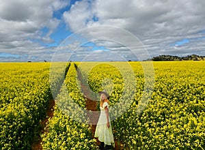 Woman in fields of flowering yellow canola