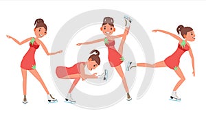 Woman Figure Skater Vector. Winter Sports. Skater Female. Different Poses. Flat Cartoon Illustration