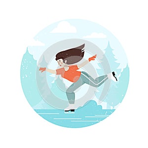 Woman figure skating. Happy ice skating on rink. Winter sport. Happy holidays. Landscape. Circle frame. White background