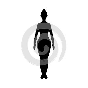 Woman figure standing, black silhouette, front view of female body. Vector illustration