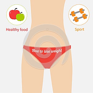 Woman figure waist red underwear. Healthy food,