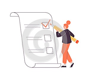 Woman filling ballot in electoral campaign, flat vector illustration isolated.