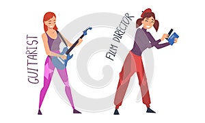 Woman Film Director with Clapperboard and Guitarist Playing Guitar Having Creative Profession Vector Set