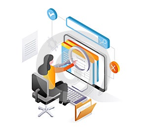 Woman filtering invoices in isometric illustration