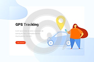 Woman Finds in Smartphone Car by GPS tracking Flat vector illustration. Map Navigation concept photo