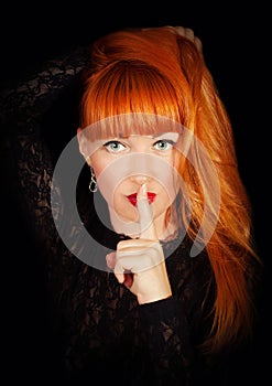 Woman with Finger on her Red Lips