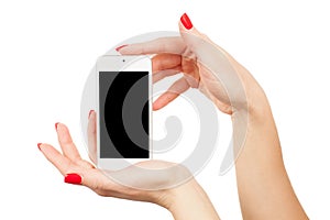 Woman fingers holding smartphone