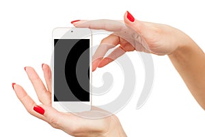 Woman fingers holding smartphone