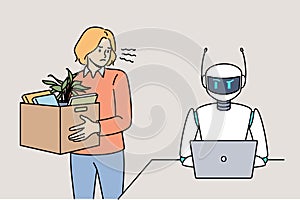 Woman fired due to robotization business processes stands with dismissal box near robot with laptop