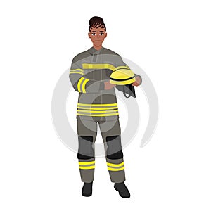Woman firefighter in uniform portrait. Happy firewoman helmet in hands