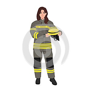 Woman firefighter in uniform portrait. Happy firewoman helmet in hands