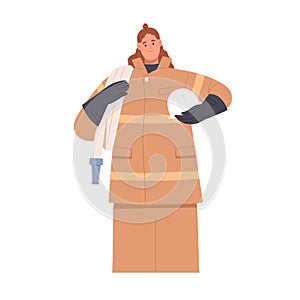 Woman firefighter in uniform portrait. Happy firewoman with hose and helmet in hands. Female fire fighter standing with