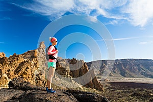 Woman fit hiker enjoy inspiring mountains landscape