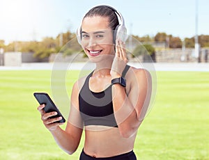 Woman fitness runner listening to music, 5g phone for motivation, wellness or training outdoor sport or event. Girl