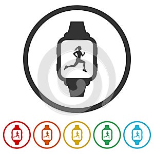 Woman fitness tracker ring icon color set