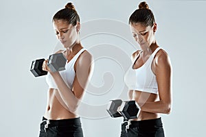 Woman, fitness and weightlifting with dumbbell in montage for workout, exercise or training on a gray studio background