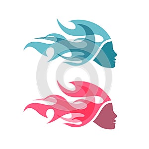 Woman with flame hair. Creative logo, icon or pictogram.