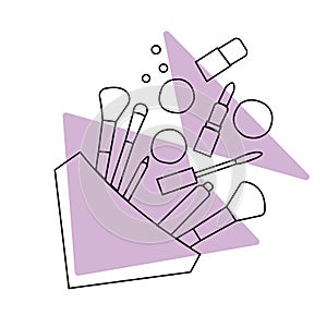 Woman flat lay makup background with cosmetics.