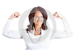 Woman flexing muscles showing, displaying her strength