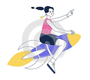 Woman flies on the rocket and shows the upward direction. Modern outline vector illustration