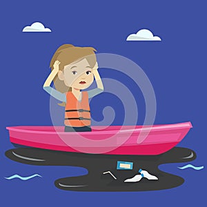 Woman floating in a boat in polluted water.