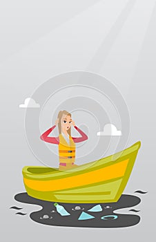 Woman floating in a boat in polluted water.