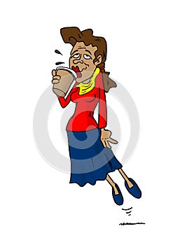 Woman floating while drinking coffee