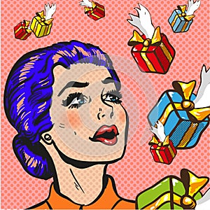 The woman with floating gifts pop art comic retro vector