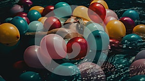 A woman floating in a pool with lots of balloons. Generative AI image.