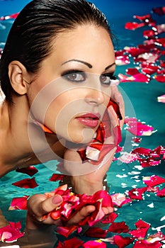 Woman floating in swimming pool