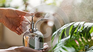 Woman florist spraying houseplant by vintage steel water sprayer at garden home/greenhouse, taking care of plants photo