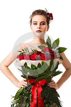 Woman in Flower Dress of Roses, Elegant Fashion Model Beauty Portrait in Art Gown on White