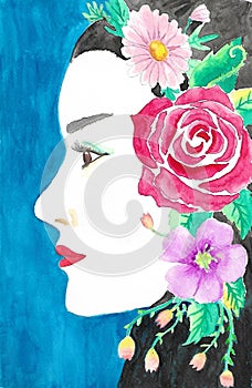 Woman with flower hairpiece watercolor painting photo