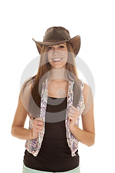 Woman flower vest hat smile