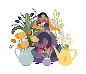 Woman with flowers. Flower girl, gardener or plant lover. Florist, floral shop. Mother day card with happy woman vector