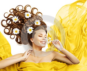 Woman Flowers in Hair, Beauty Model Smelling Flower Curly Hairstyle