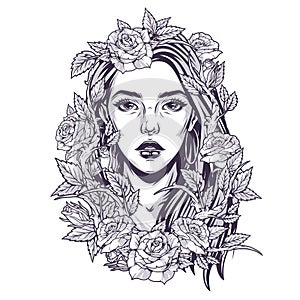 Woman in flowers monochrome sticker