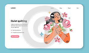 Woman with flowers web banner or landing page. Harmony, inner peace