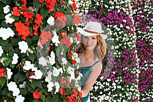 Woman Flowers, Young Girl Summer Outdoor Portrait, Peep out