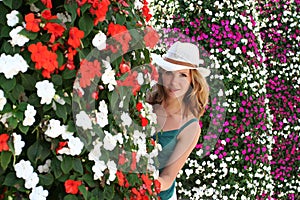 Woman Flowers, Young Girl Summer Outdoor Portrait, Peep out photo