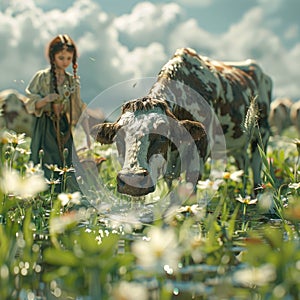 woman with flowing hair stands gracefully in a sunlit field, sharing a peaceful moment with a gentle cow